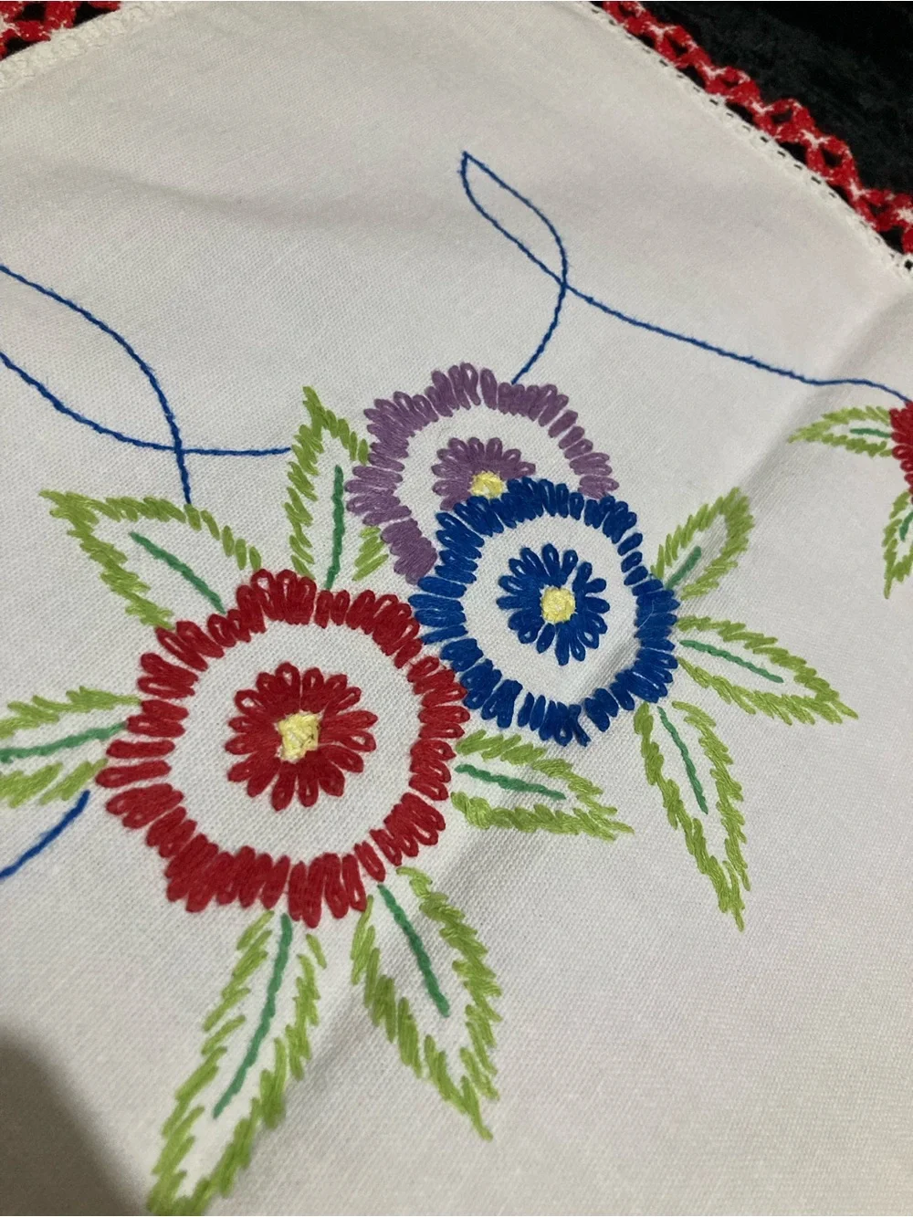 Vintage Embroidered Floral Table Runner - White with Red & Green Accents